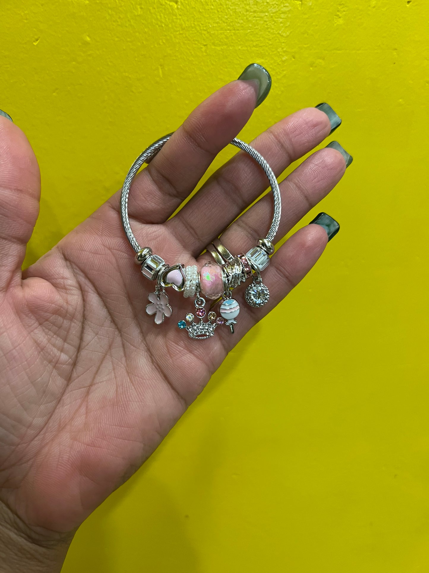 Crowned Candy Twisted Bracelet - Steel Zircon Wire Cable and Alloy Charms