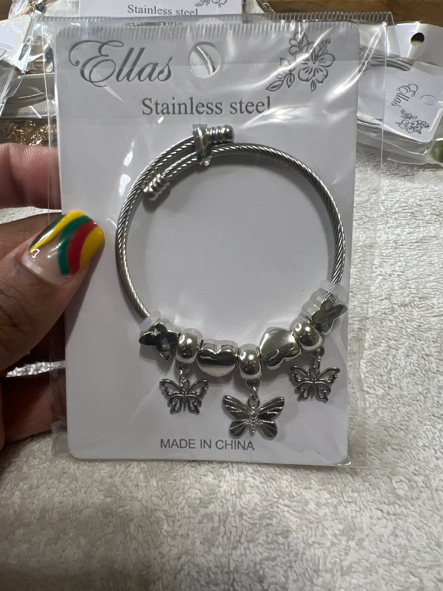 3 Hearts & 5 Butterfly Silver Twisted Wire Bracelet 1pc