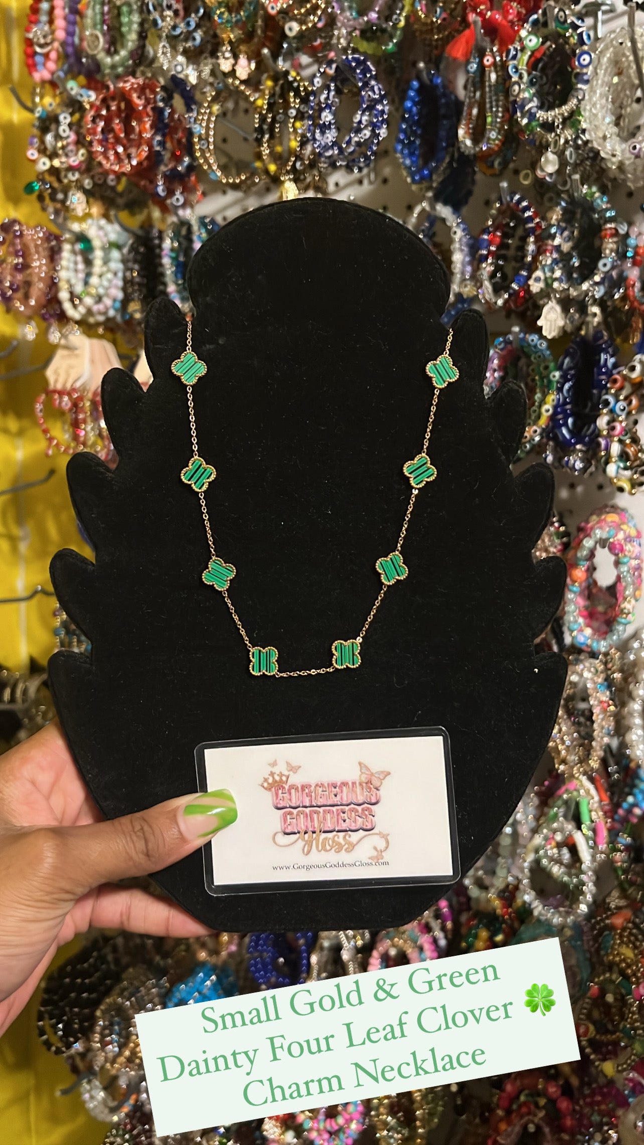 Small Gold & Green Dainty Four Leaf Clover 🍀 Charm Necklace