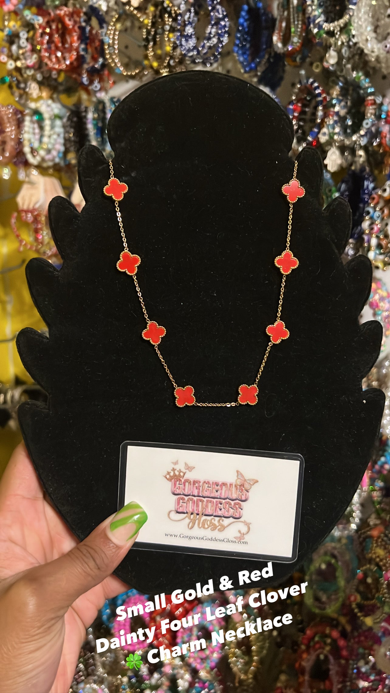 Small Gold & Red Dainty Four Leaf Clover 🍀 Charm Necklace