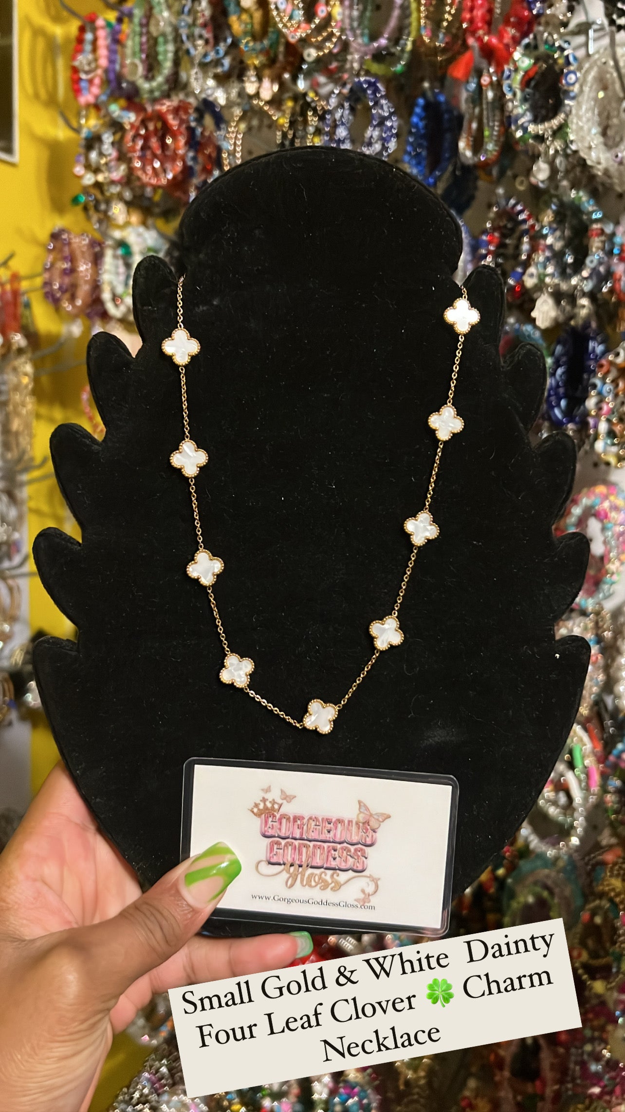 Small Gold & White Dainty Four Leaf Clover 🍀 Charm Necklace