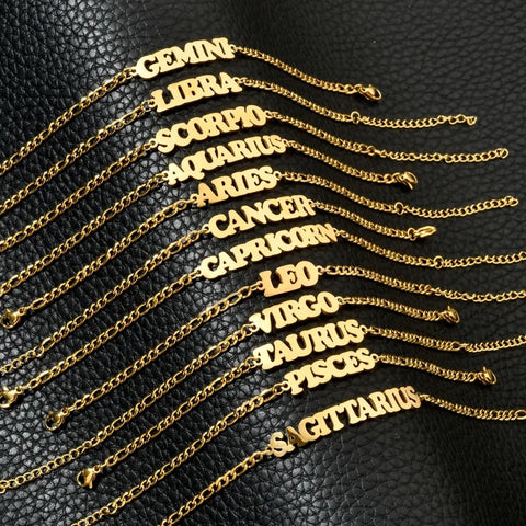 Stainless steel 18k gold plated 12 zodiac letter sign adjustable chain bracelet