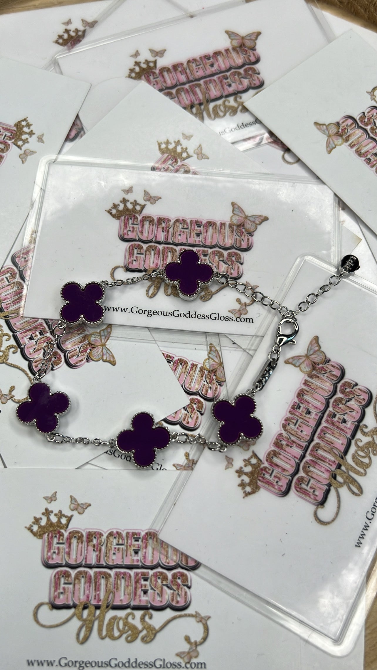 Silver & Dark Purple Dainty Four Leaf Clover 🍀 Charm Clasp Bracelet
