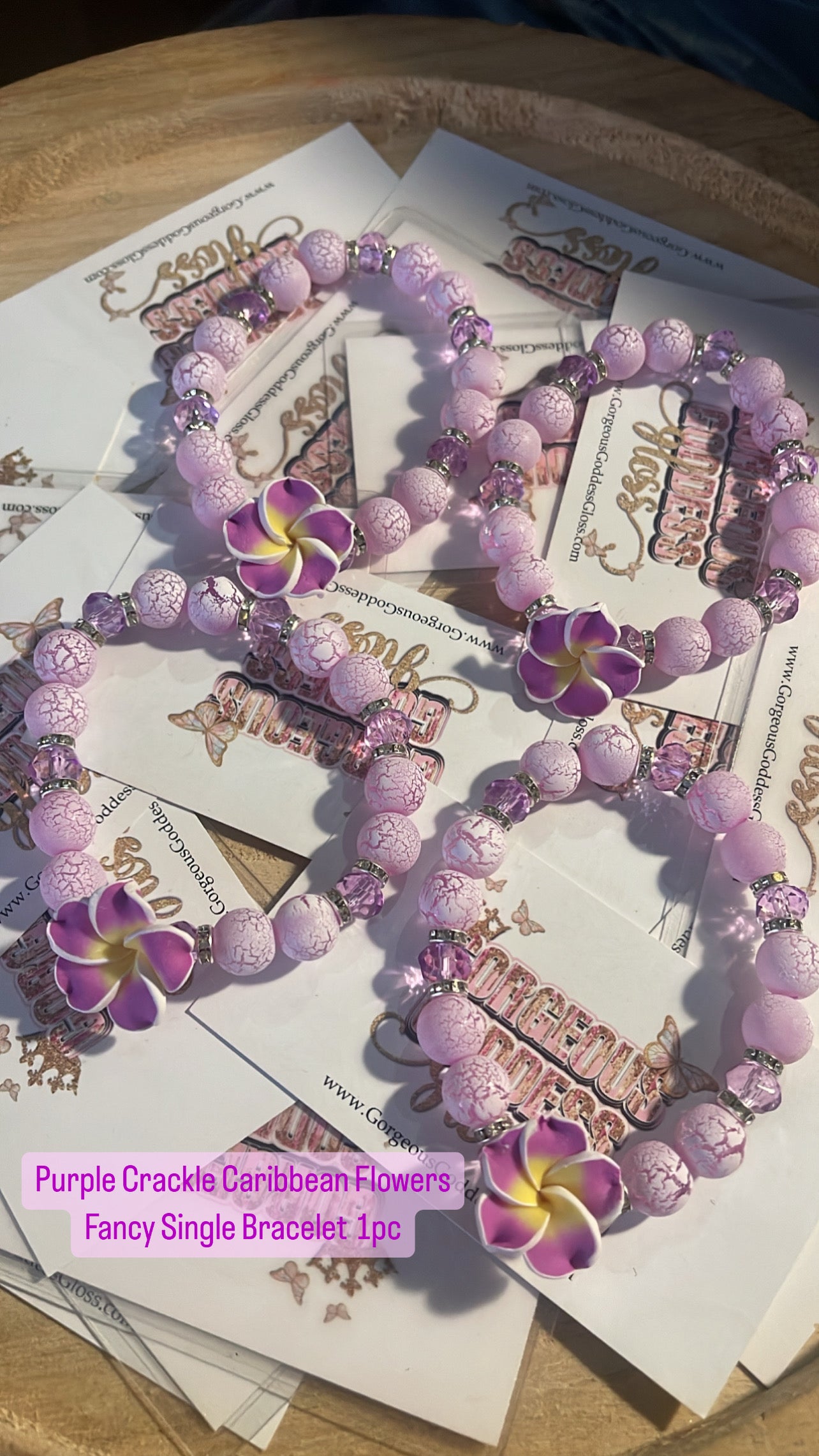 Purple Crackle Caribbean Flowers Fancy Single Bracelet 1pc