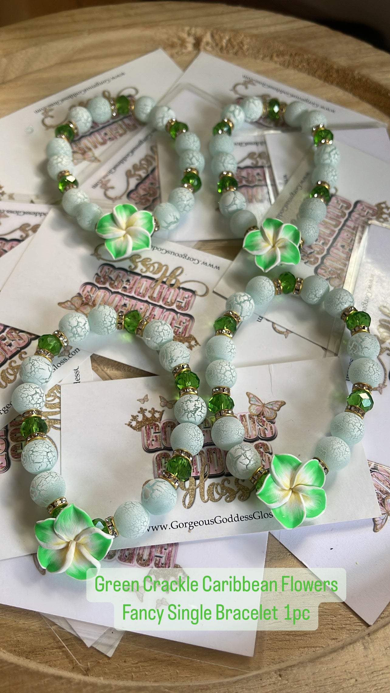 Green Crackle Caribbean Flowers Fancy Single Bracelet 1pc