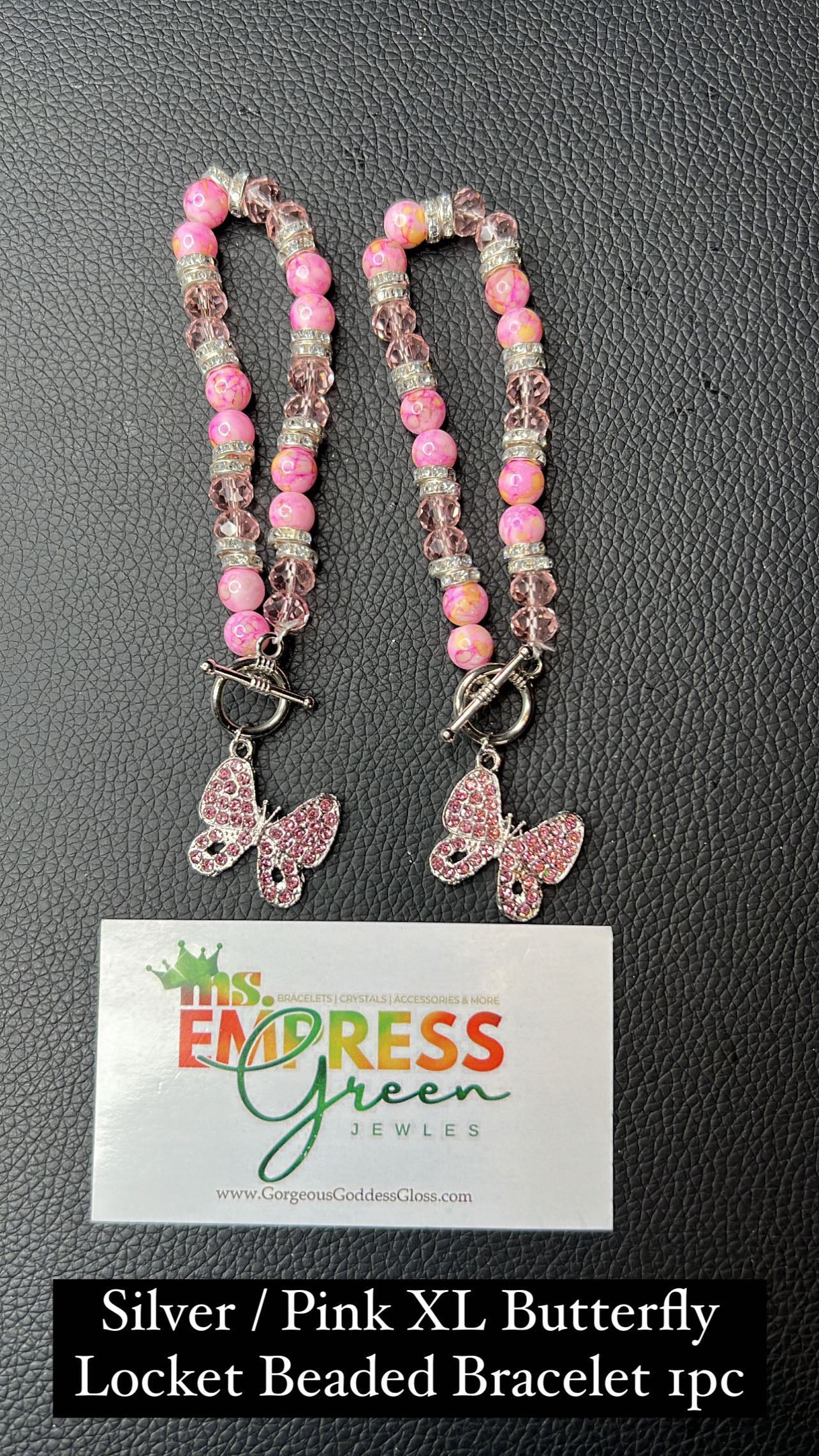 Pink / Silver XL Butterfly Locket Beaded Bracelet 1pc