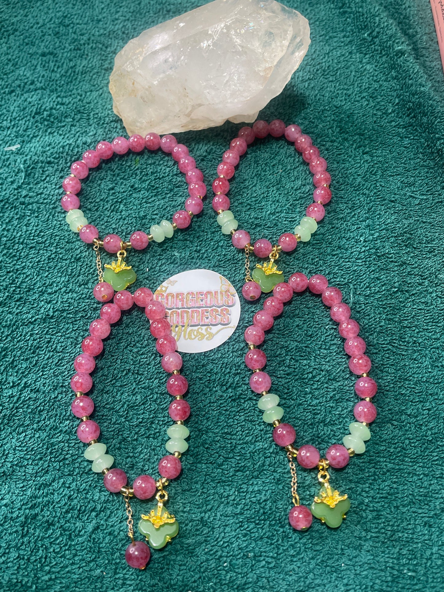 Strawberry Quarts & Jade dangling charm beaded bracelet