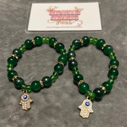 Green Bubble Hamsa  Beaded Single Bracelet