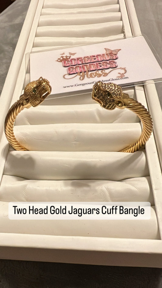 Two Head Gold Jaguars Cuff Bangle