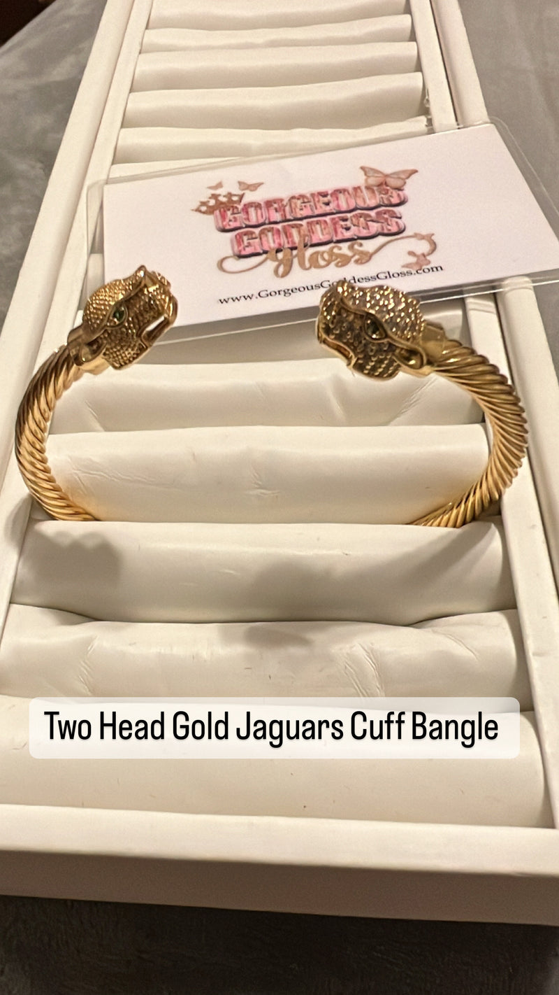 Two Head Gold Jaguars Cuff Bangle