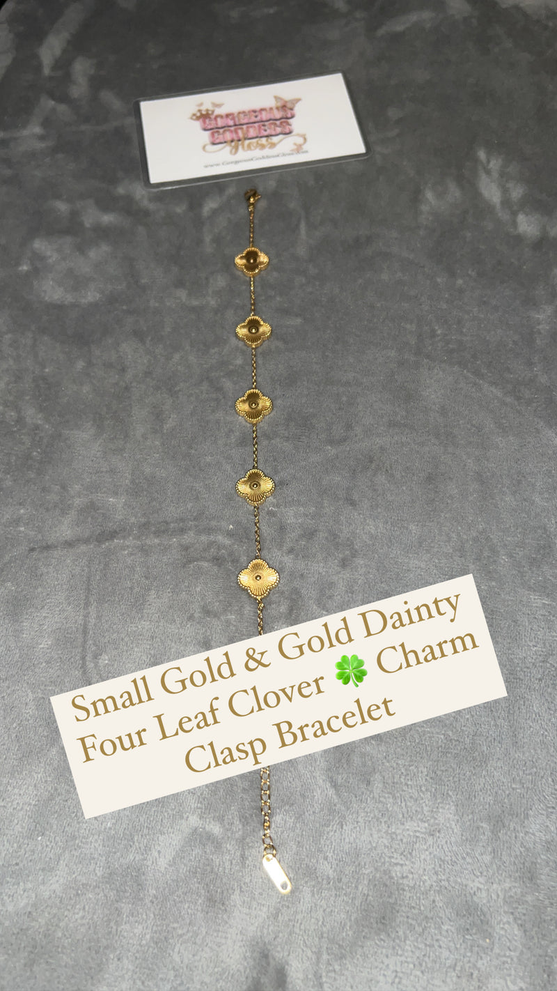 Small Gold & Gold Dainty Four Leaf Clover 🍀 Charm Clasp Bracelet