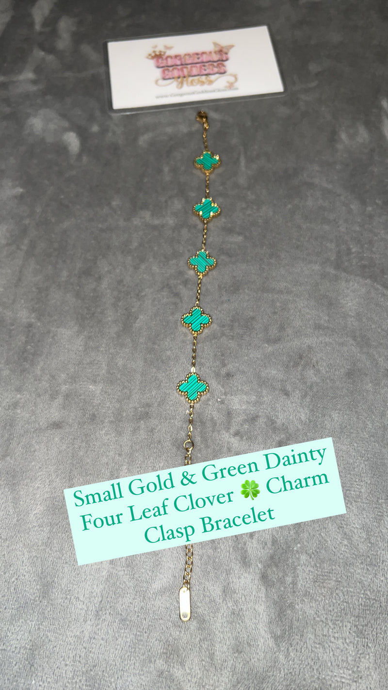 Small Gold & Green  Dainty Four Leaf Clover 🍀 Charm Clasp Bracelet