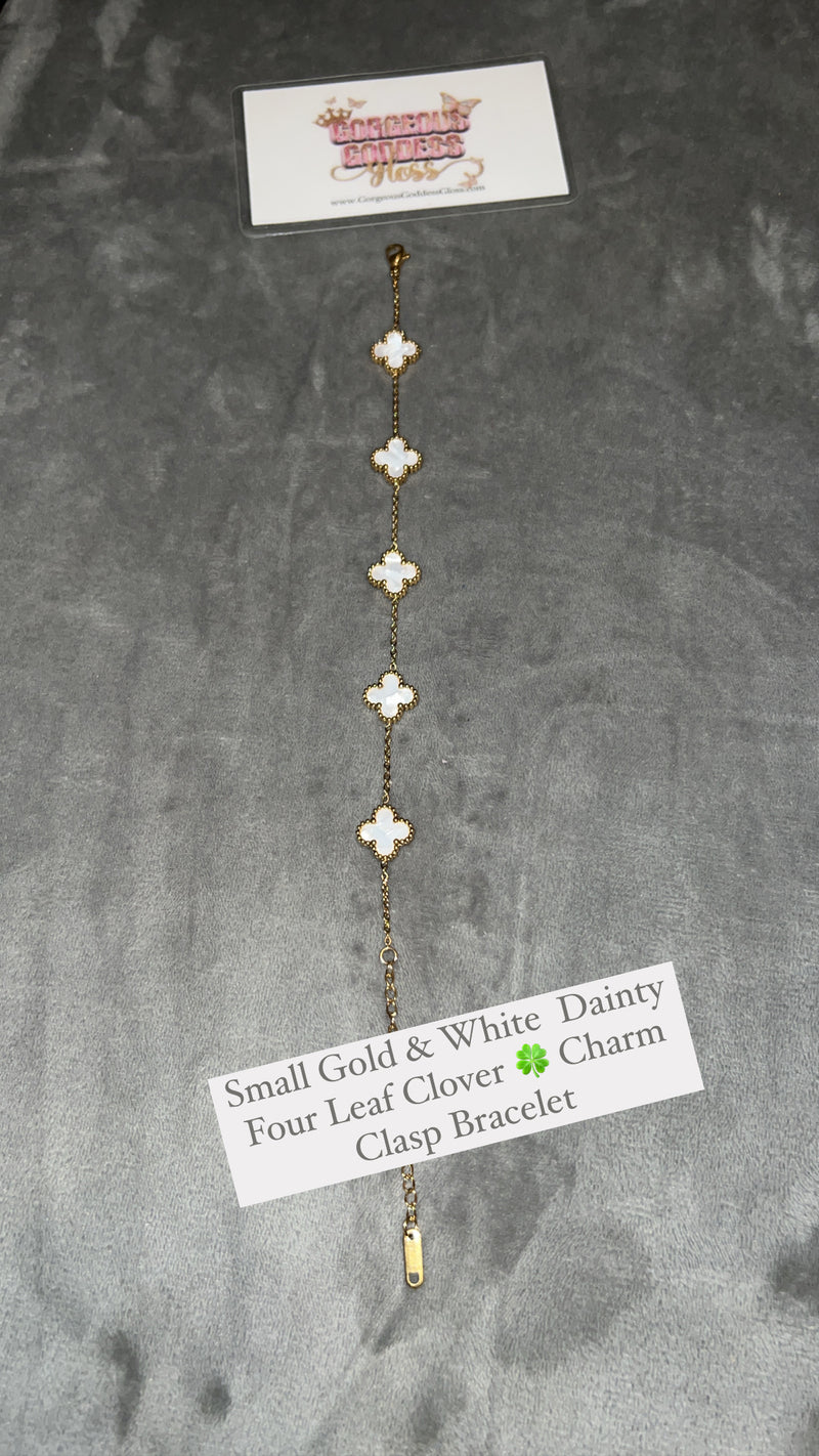 Small Gold & White  Dainty Four Leaf Clover 🍀 Charm Clasp Bracelet