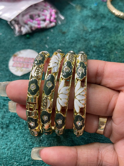 Olive Green & White Flower open bangle