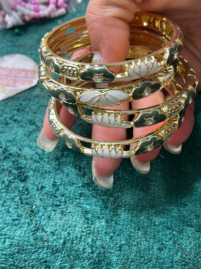 Olive Green & White Flower open bangle