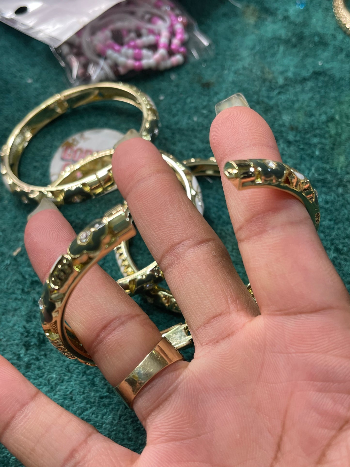 Olive Green & White Flower open bangle