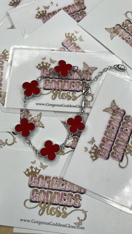 Silver & Dark Red  Dainty Four Leaf Clover 🍀 Charm Clasp Bracelet