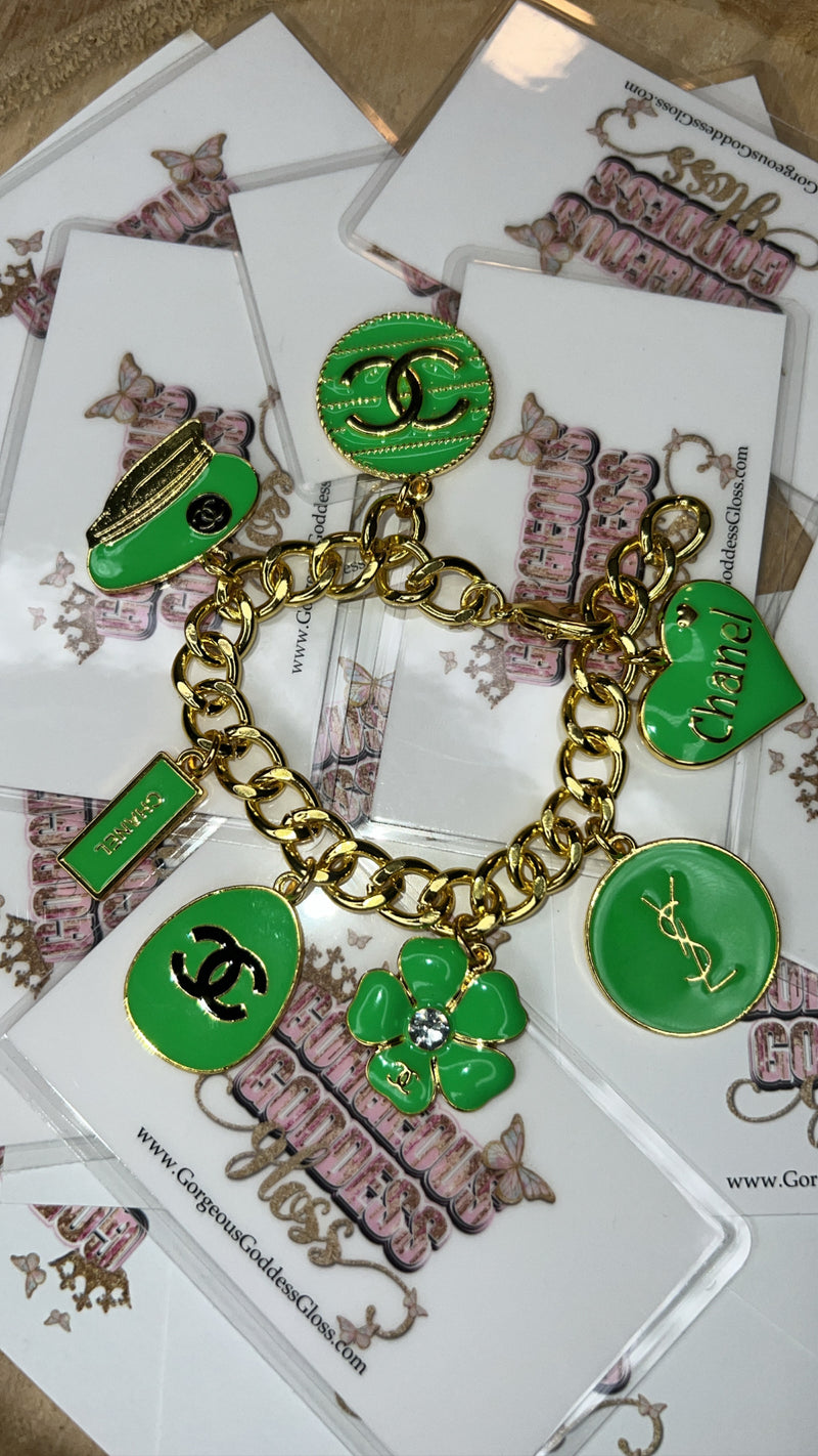 Green Designer Charm Cuban Bracelet
