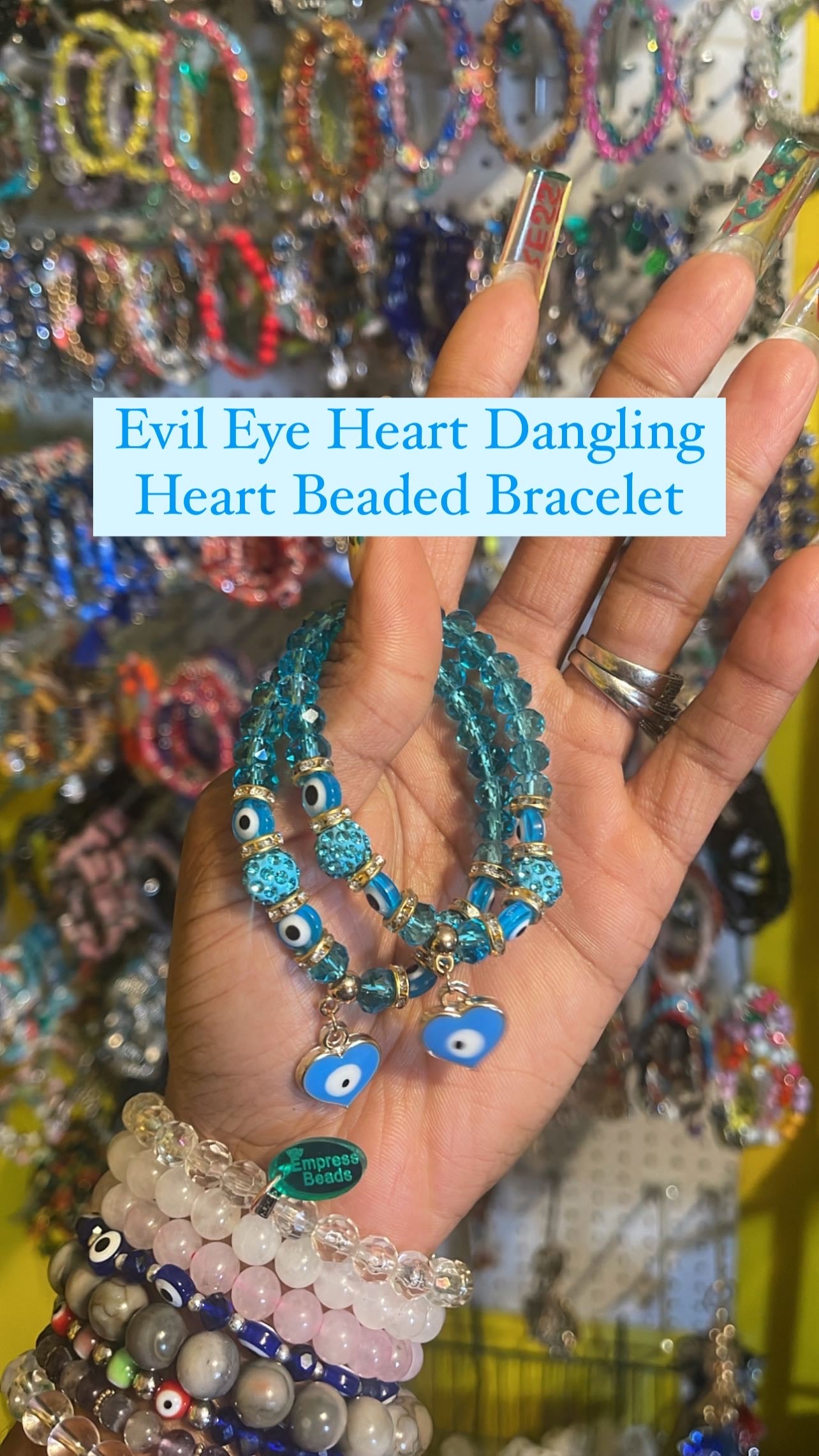 Evil Eye Heart Dangling Heart Beaded Bracelet