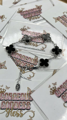 Silver & Black Dainty Four Leaf Clover 🍀 Charm Clasp Bracelet