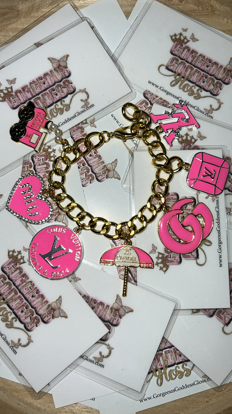 Hot Pink  Designer Charm Cuban Bracelet