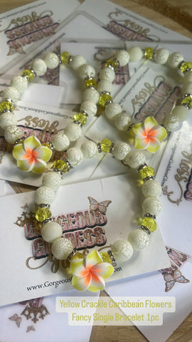 Yellow Crackle Caribbean Flowers Fancy Single Bracelet  1pc