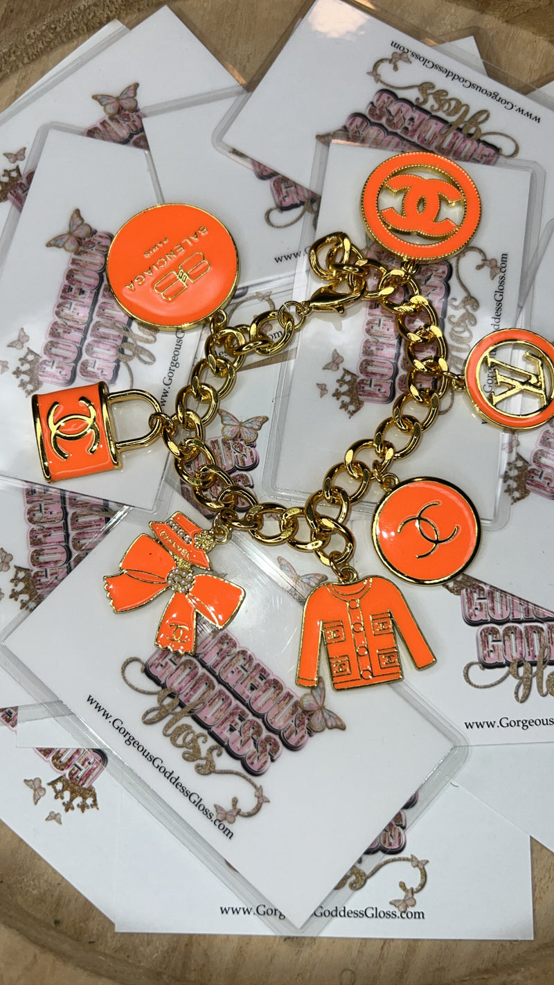 Orange Designer Charm Cuban Bracelet