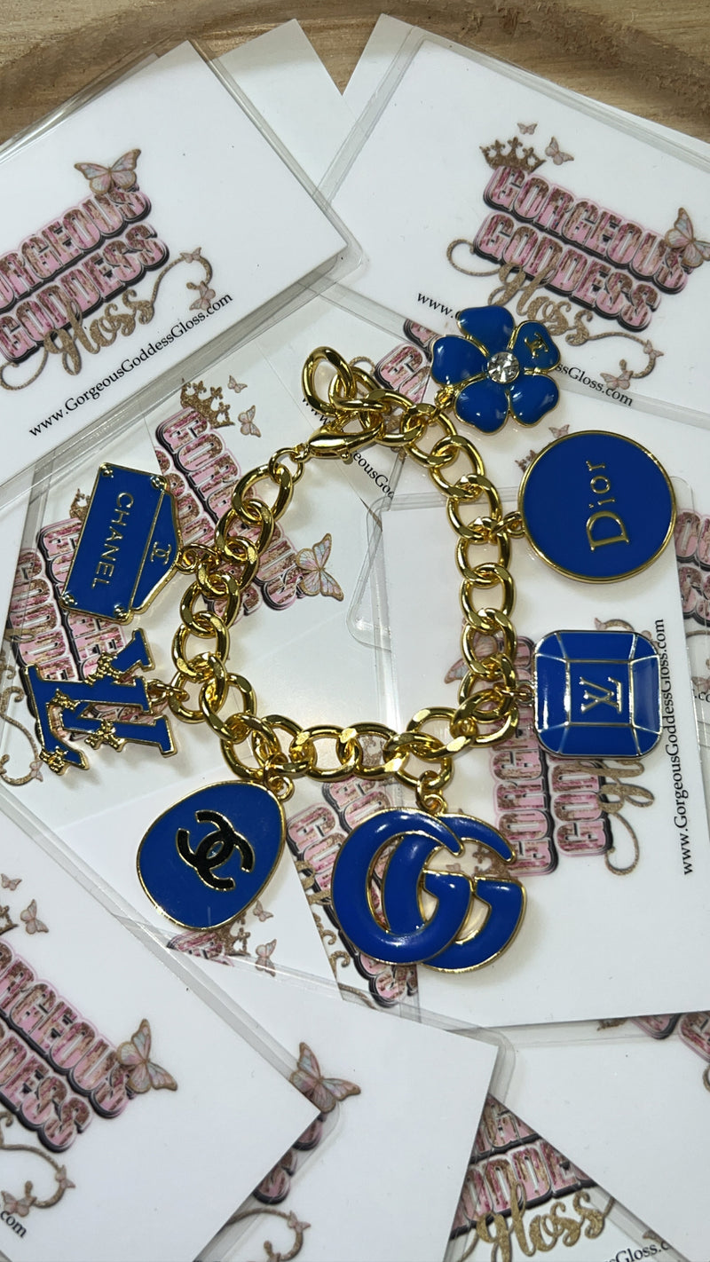 Blue  Designer Charm Cuban Bracelet