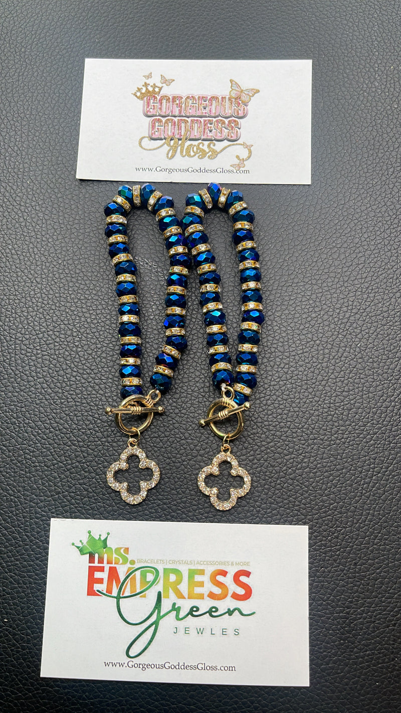 Blue Gold Dainty Four Leaf Clover 🍀 bling beaded locket Bracelet