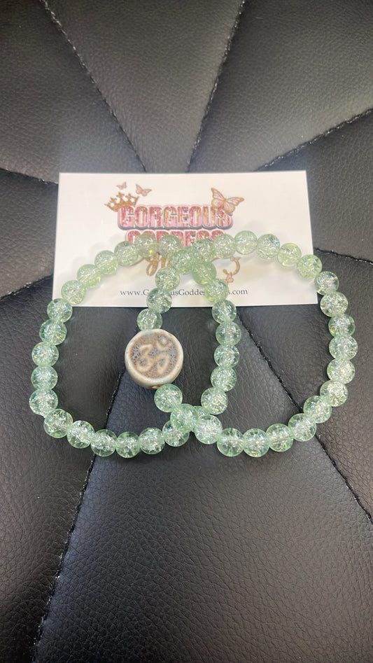 Light Green Crackle Om Bracelet 2 pcs Set