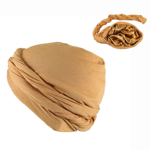 Khaki Unisex Pre-Tied Silk Lined  Turban