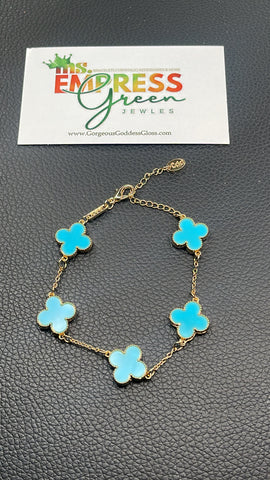 Sky Blue & Gold Dainty Four Leaf Clover 🍀 Charm Clasp Bracelet