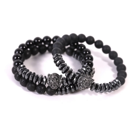 Faceted Hematite Lion Head, Lava Rock, Matte Black Agate Unisex Lucky Bracelets