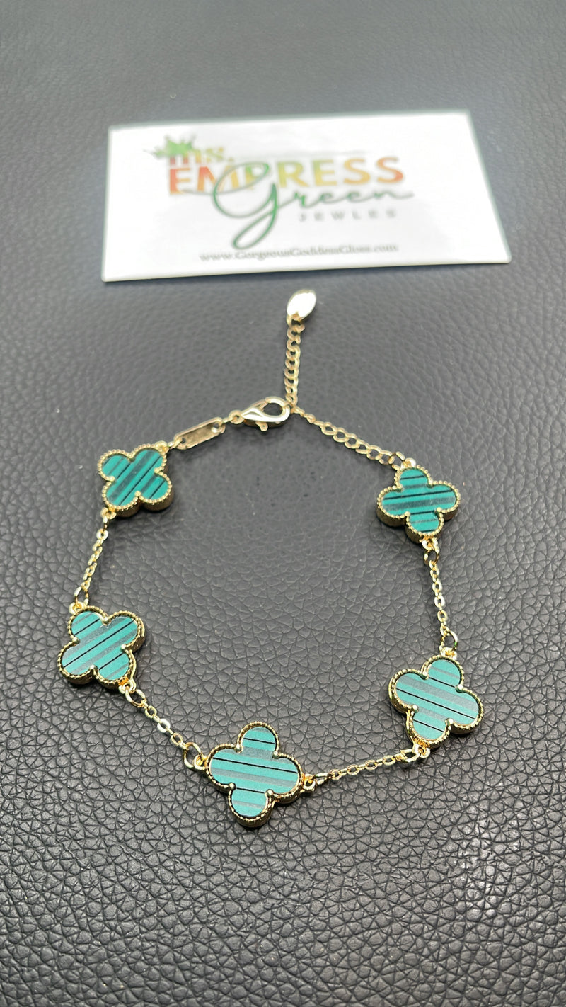 Green Stripe & Gold Dainty Four Leaf Clover 🍀 Charm Clasp Bracelet