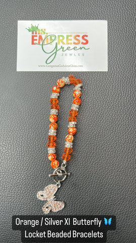 Orange / Silver XL Butterfly Locket Beaded Bracelet 1pcu