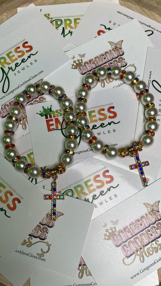 Gold Multicolor Pearl Cross Beaded Bracelet 1PC