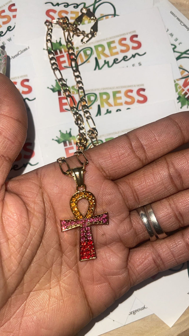 Yellow Pink Red Ankh Necklace