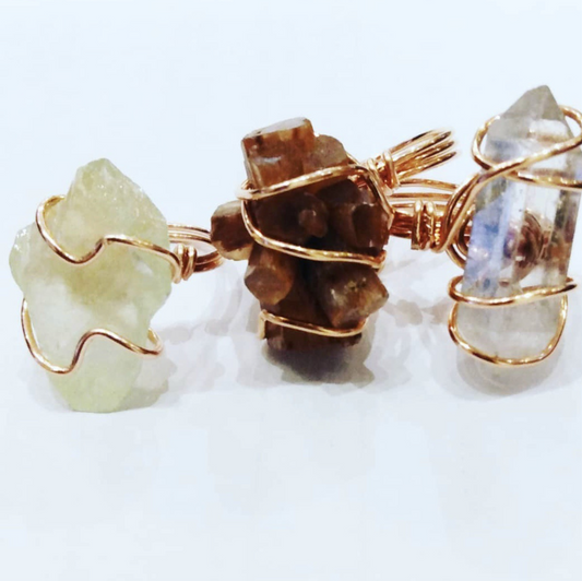 Green Calcite, Aragonite, Tibetan Quarts  Copper Rings