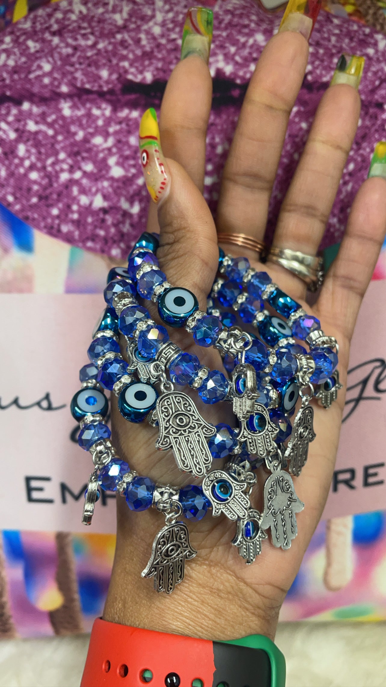 Blue Gem  Evil 🧿 dangling 3 hand of Fatima bracelet