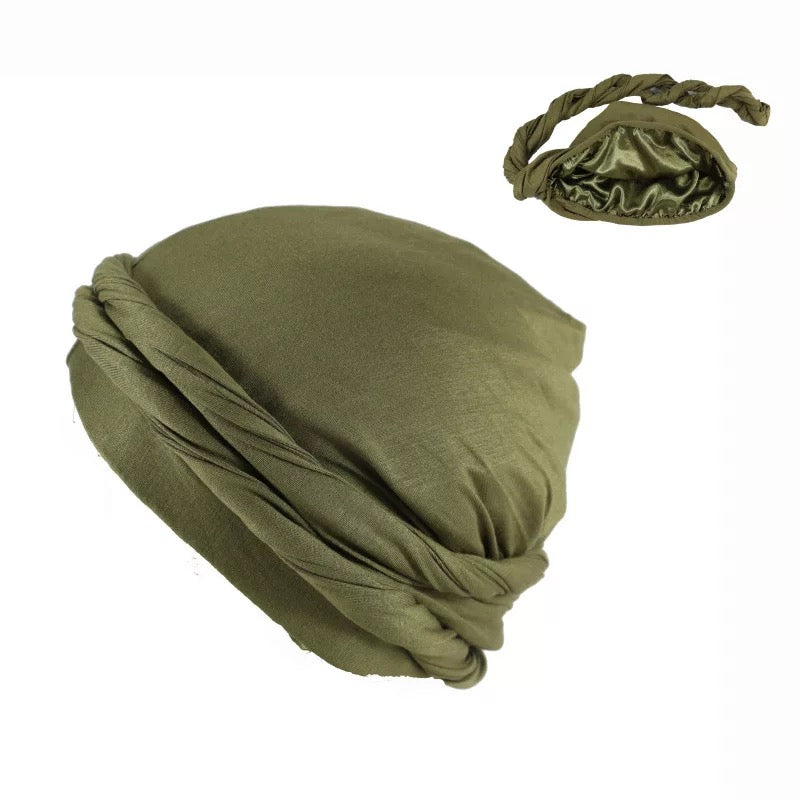Navy Green  Unisex Pre-Tied Silk Lined  Turban