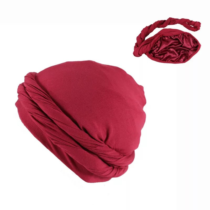 Wine Unisex Pre-Tied Silk Lined  Turban