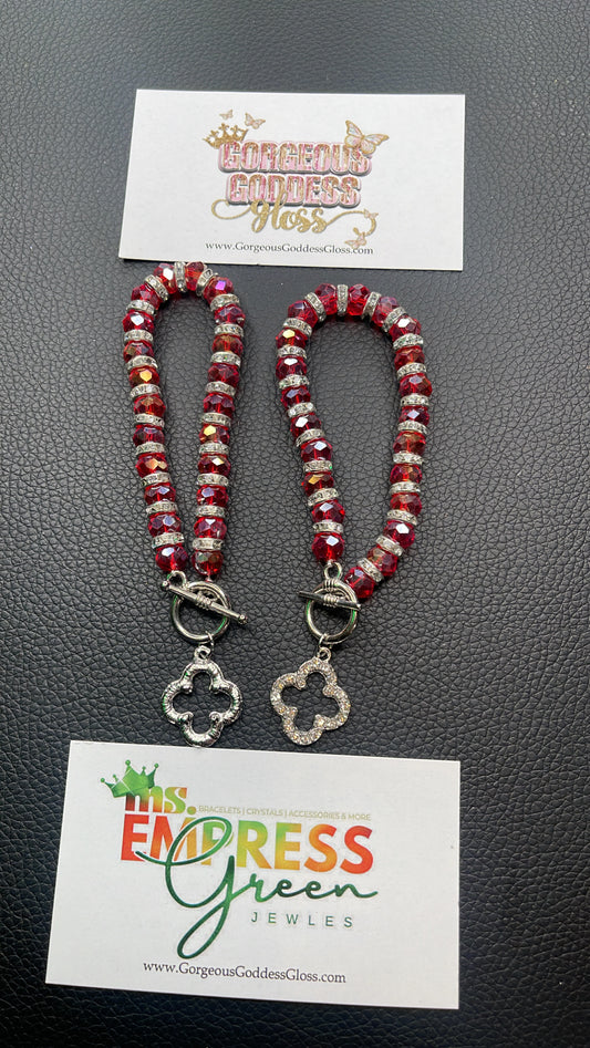 Red Silver Dainty Four Leaf Clover 🍀 bling beaded locket Bracelet