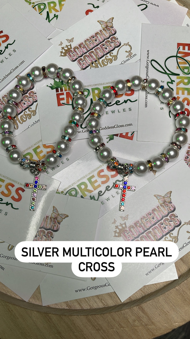 Silver Multicolor Pearl Cross Beaded Bracelet 1PC