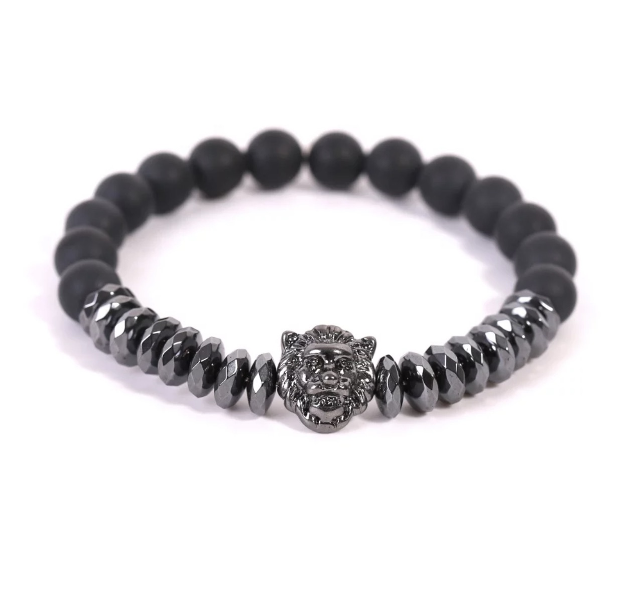 Faceted Hematite Lion Head, Lava Rock, Matte Black Agate Unisex Lucky Bracelets