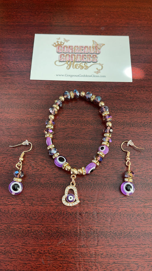 Purple Evil Eye Heart Earring Set