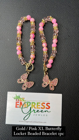 Pink / Gold XL Butterfly Locket Beaded Bracelet 1pc