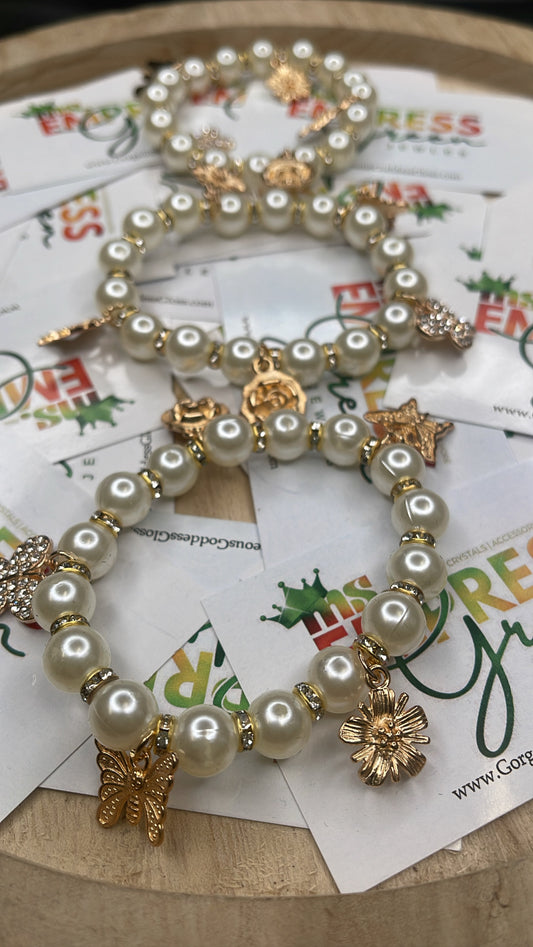 White Pearl Butterfly Rose Charm Bracelet